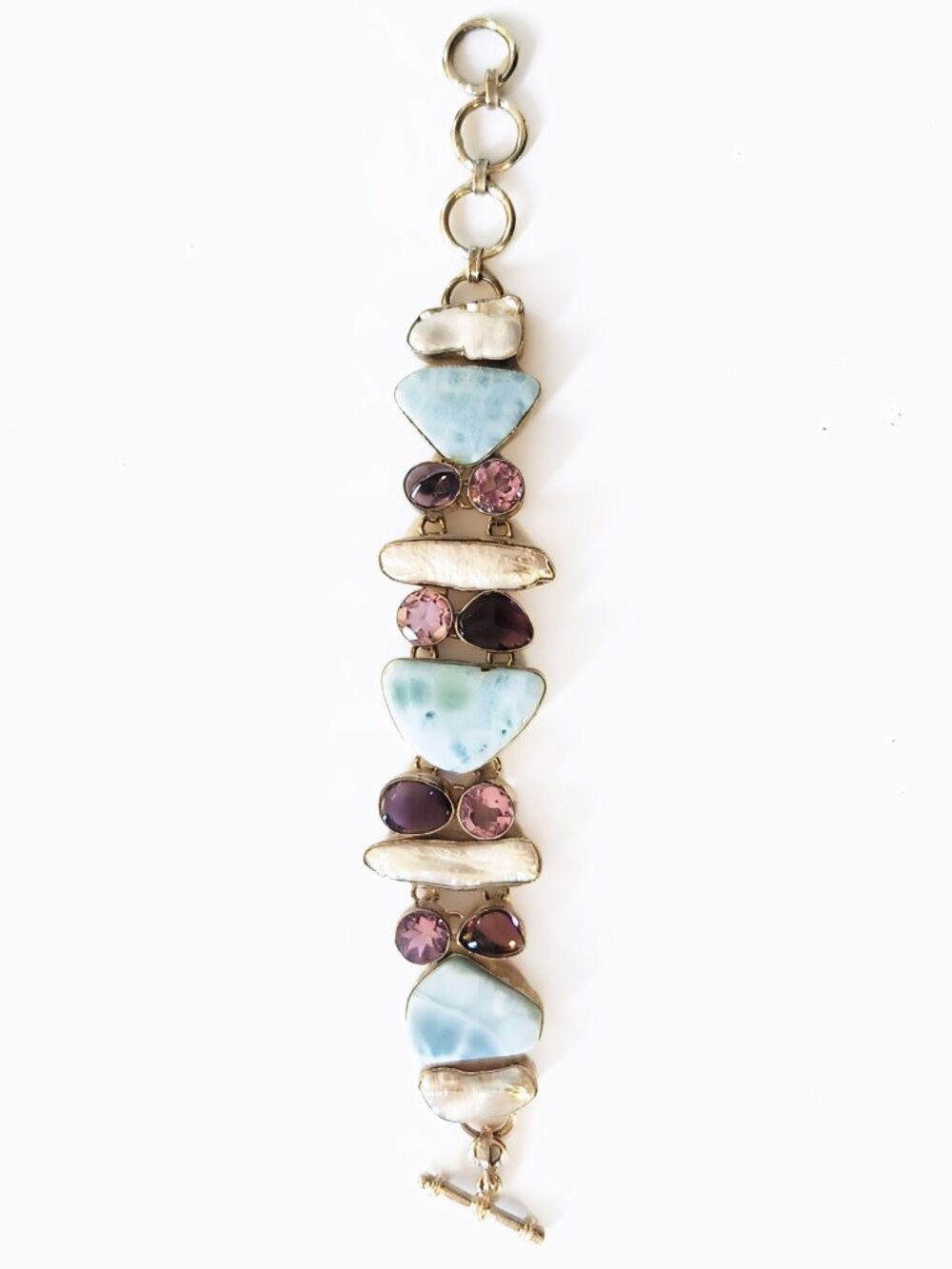 Larimar Amethyst Pearl Look Silver Tone Statement Bracelet Adjustable
